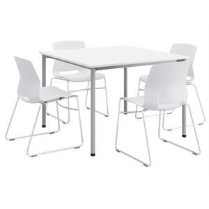 KFI Dailey 42in Square Dining Set - White/Silver Table - White Sled Chairs