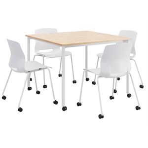 KFI Dailey 42in Square Dining Set - Natural/White Table - White Chairs w/Casters
