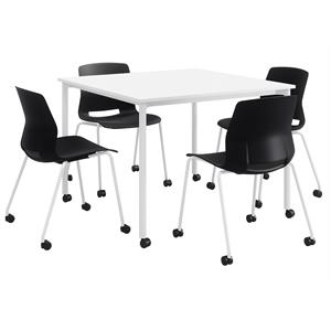 KFI Dailey 42in Square Dining Set - White Table - Black Chairs w/Casters