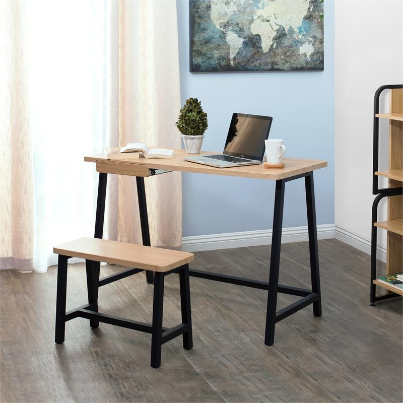 Calico Designs 2-Piece Metal Writing Desk and Bench with Pencil Drawer in Ash