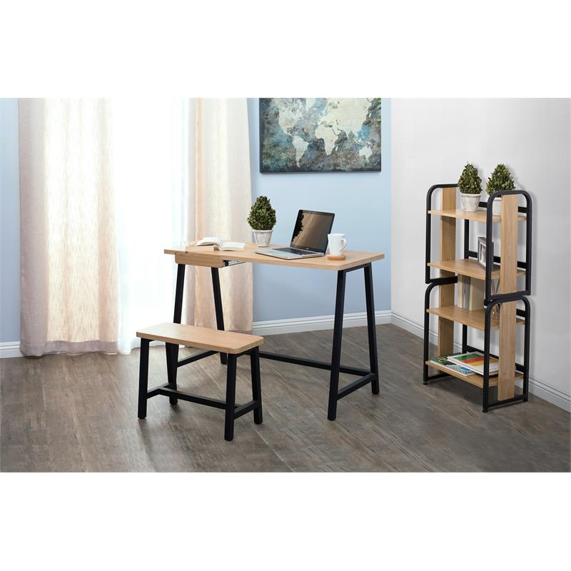 Calico Designs 2-Piece Metal Writing Desk and Bench with Pencil Drawer in Ash