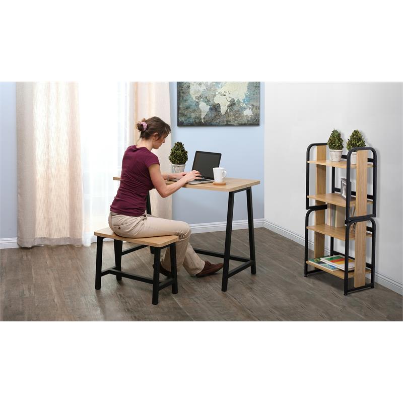 Calico Designs 2-Piece Metal Writing Desk and Bench with Pencil Drawer in Ash