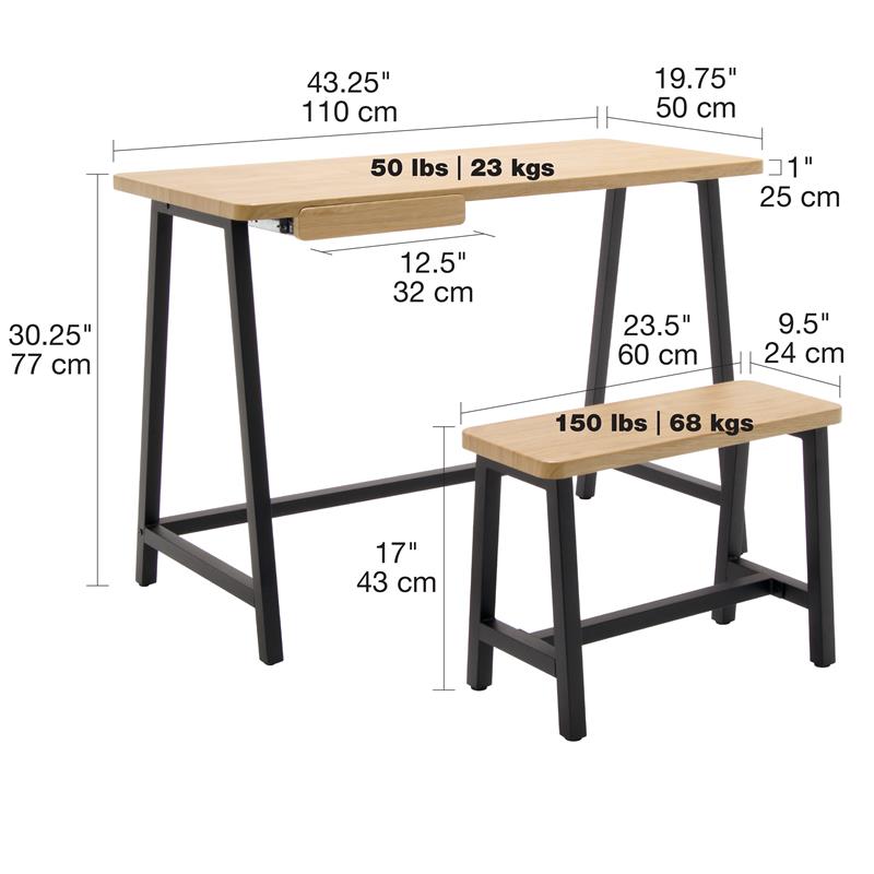 Calico Designs 2-Piece Metal Writing Desk and Bench with Pencil Drawer in Ash