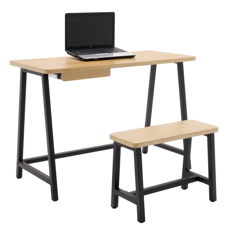 Calico Designs 2-Piece Metal Writing Desk and Bench with Pencil Drawer in Ash