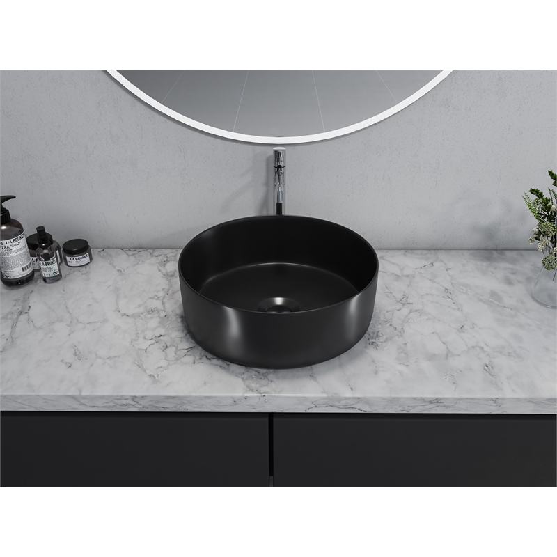 14 x 14 in. Round Black Finish Ceramic Vessel Bathroom Vanity Sink