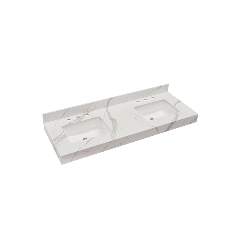 61 in. Composite Stone Apron Vanity Top in Calacatta White with White Basins