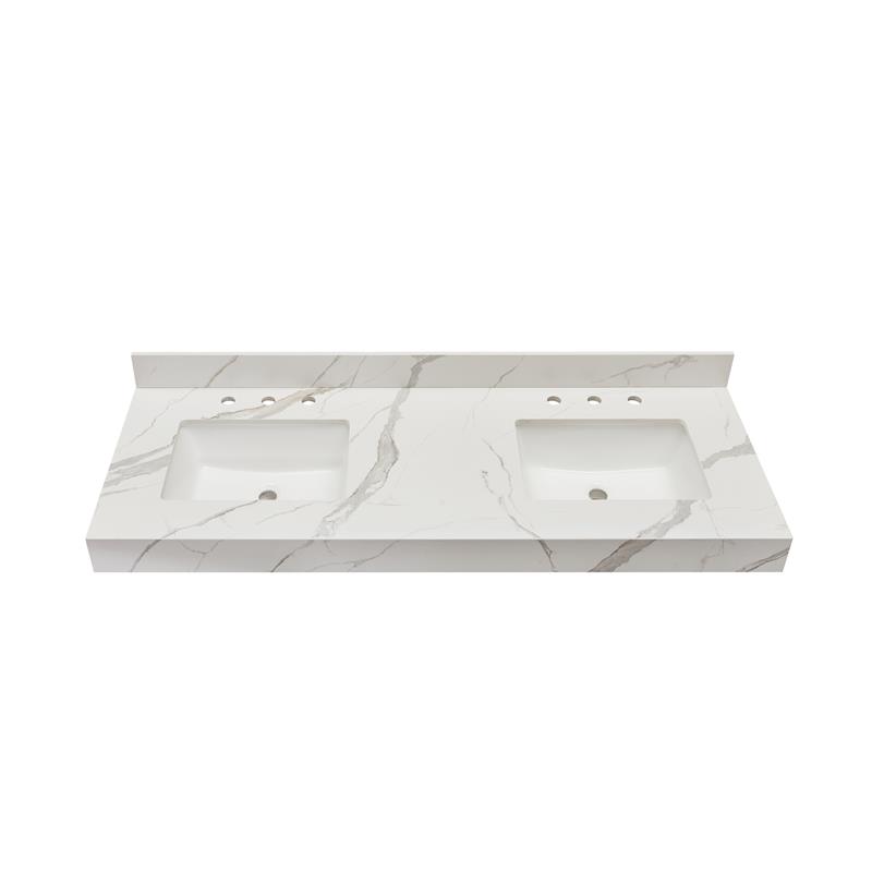 61 in. Composite Stone Apron Vanity Top in Calacatta White with White Basins