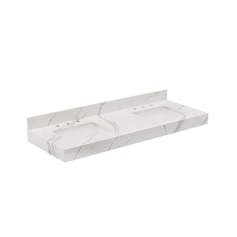 61 in. Composite Stone Apron Vanity Top in Calacatta White with White Basins
