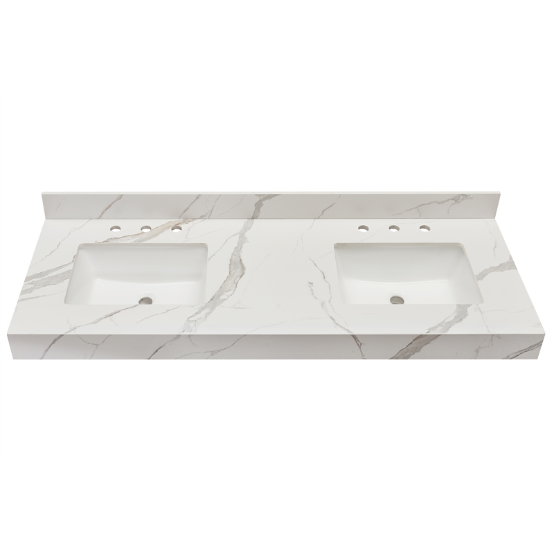61 in. Composite Stone Apron Vanity Top in Calacatta White with White Basins
