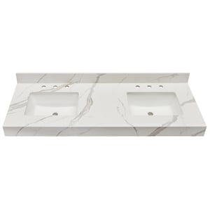 61 in. Composite Stone Apron Vanity Top in Calacatta White with White Basins