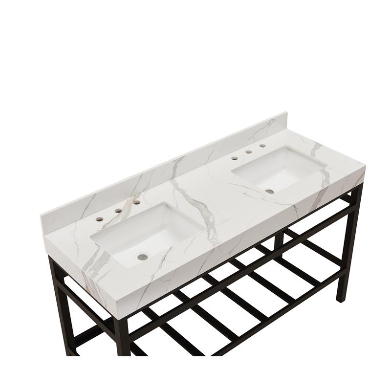 61 in. Composite Stone Apron Vanity Top in Calacatta White with White Basins