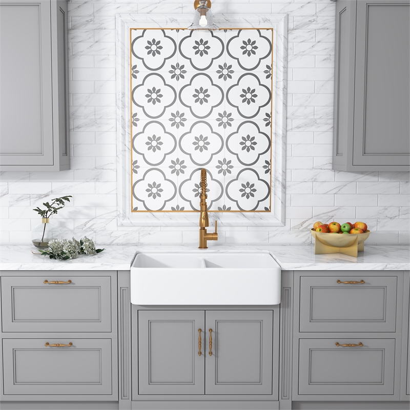 Trieste White Ceramic 32 in. Double Bowl Farmhouse Apron Kitchen Sink