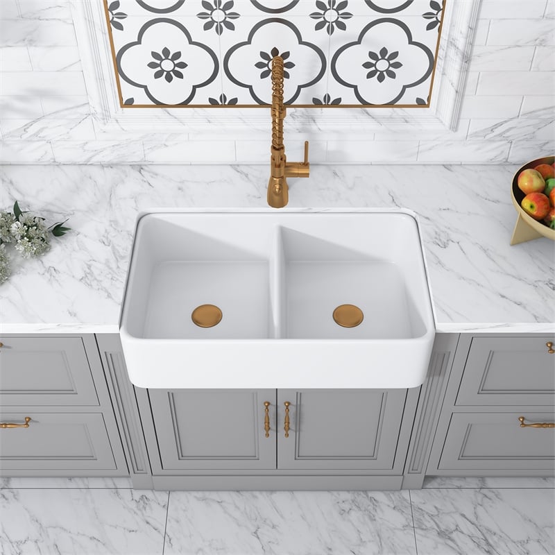 Trieste White Ceramic 32 in. Double Bowl Farmhouse Apron Kitchen Sink