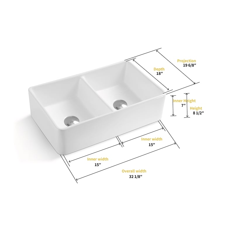 Trieste White Ceramic 32 in. Double Bowl Farmhouse Apron Kitchen Sink