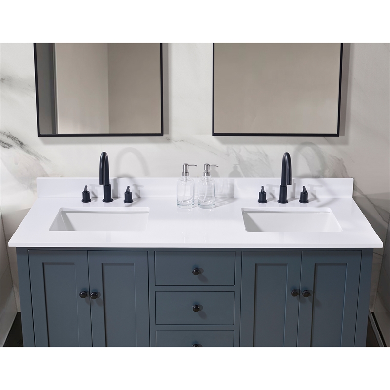 61. in Stone effects Vanity Top in Snow White with Double White Sink