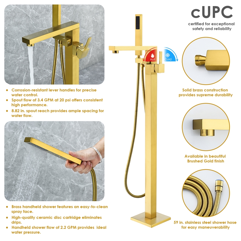 Campia Single Handle Floor Mounted Tub Filler with Handshower in Brushed Gold