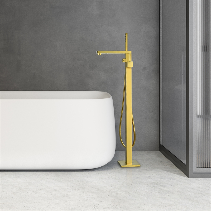Campia Single Handle Floor Mounted Tub Filler with Handshower in Brushed Gold