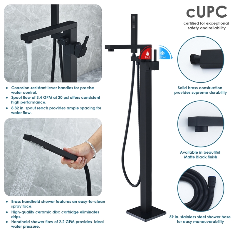 Campia Single Handle Floor Mounted Tub Filler with Handshower in Matte Black