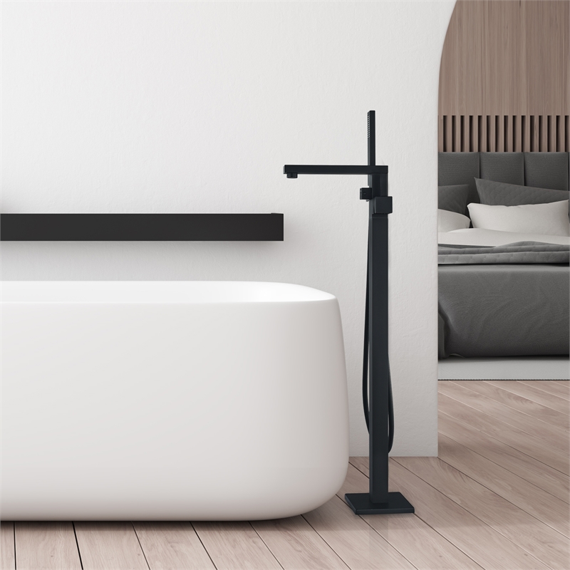 Campia Single Handle Floor Mounted Tub Filler with Handshower in Matte Black