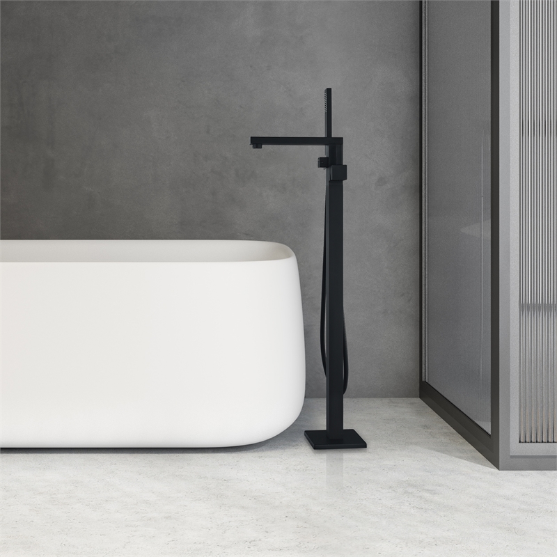Campia Single Handle Floor Mounted Tub Filler with Handshower in Matte Black