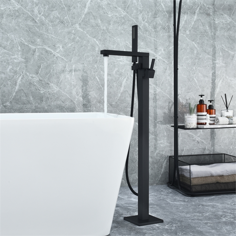 Campia Single Handle Floor Mounted Tub Filler with Handshower in Matte Black