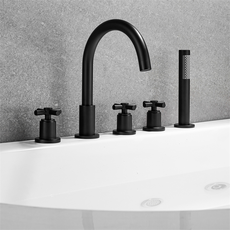 Sorlia Cross Handles Deck-Mount Roman Tub Faucet in Matte Black with Handshower