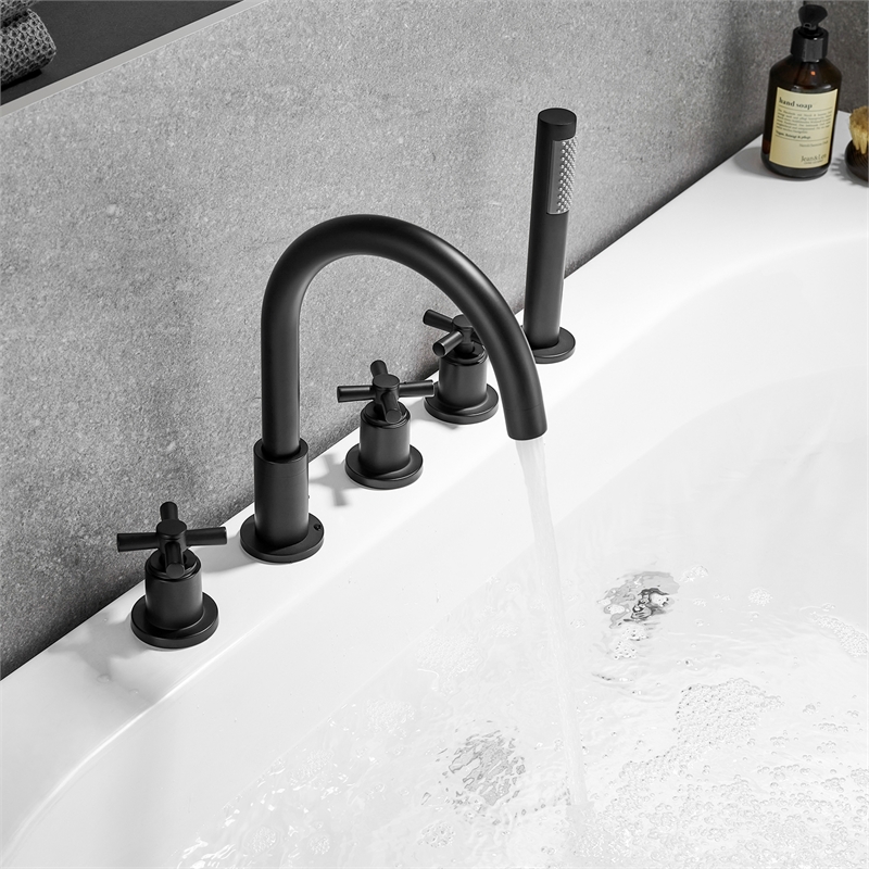 Sorlia Cross Handles Deck-Mount Roman Tub Faucet in Matte Black with Handshower