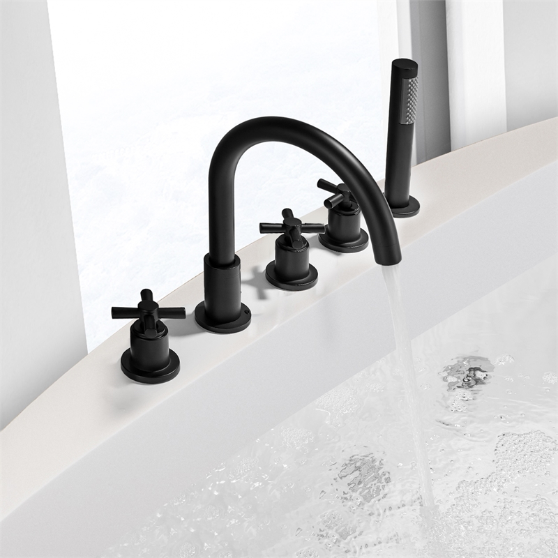 Sorlia Cross Handles Deck-Mount Roman Tub Faucet in Matte Black with Handshower