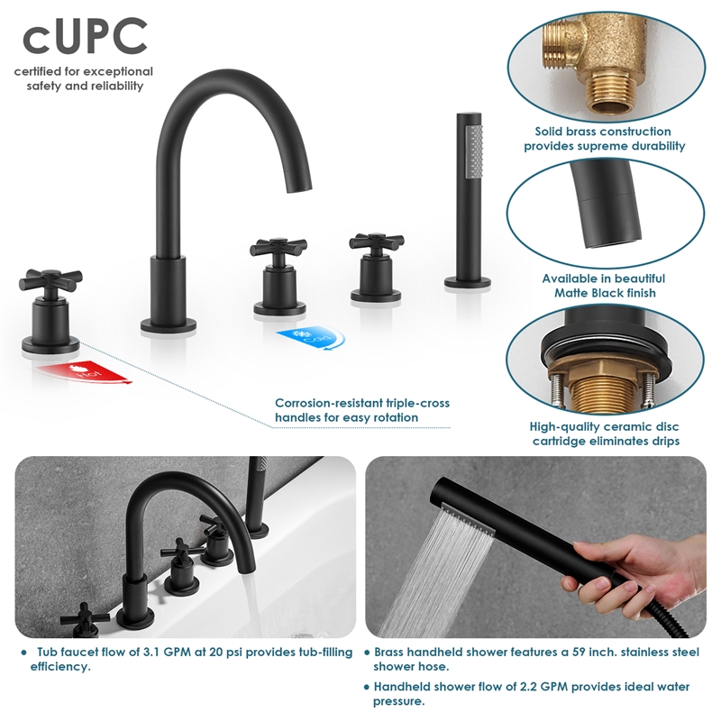 Sorlia Cross Handles Deck-Mount Roman Tub Faucet in Matte Black with Handshower