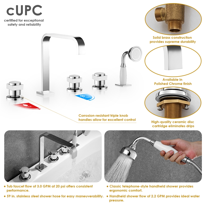 Vikran Triple Handle Deck-Mount Roman Tub Faucet in Chrome with Handshower