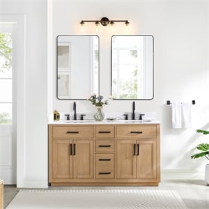 Gavino 60&quot Wood Vanity in Light Brown with Composite Stone Top and Mirror