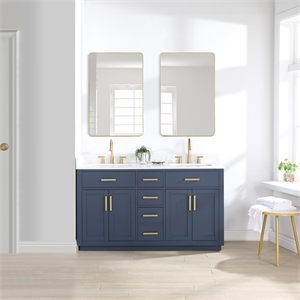 Gavino 60&quot Wood Vanity in Royal Blue with Composite Stone Top and Mirror