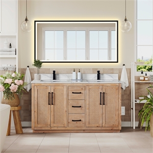 Floral 60&quot Wood Vanity in Light Brown Calacatta White Quartz Top with Mirror