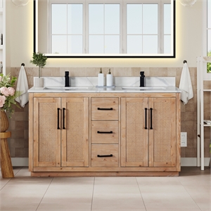 Floral 60&quot Wood Vanity in Light Brown Calacatta White Quartz Top no Mirror