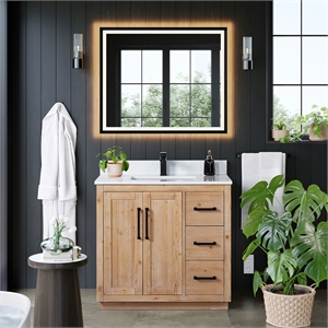 Cicero 36&quot Wood Vanity in Light Brown with White Composite Stone Top with Mirror