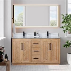 Anais 60&quot Wood Vanity in Light Brown with White Composite Stone Top with Mirror