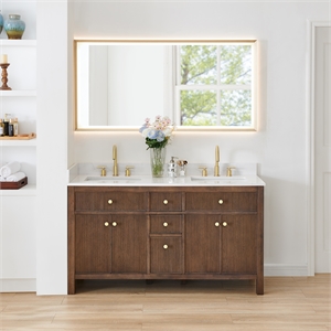 Cerrito 60&quot Wood Vanity in Brown Brushed Oak Engineered Stone Top with Mirror