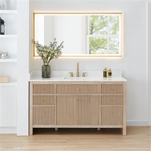 Cerrito 60&quot Single Wood Vanity in Nature Oak Engineered Stone Top with Mirror