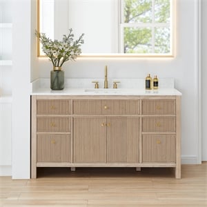 Cerrito 60&quot Single Wood Vanity in Nature Oak Engineered Stone Top no Mirror