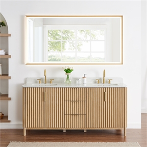 Sierra 72&quot Wood Vanity in Washed Light Brown Engineered Stone Top with Mirror