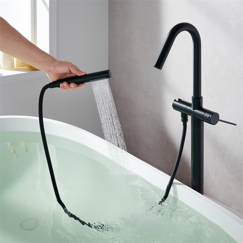 Marina Brass Freestanding Tub Faucet in Matte Black with Handshower