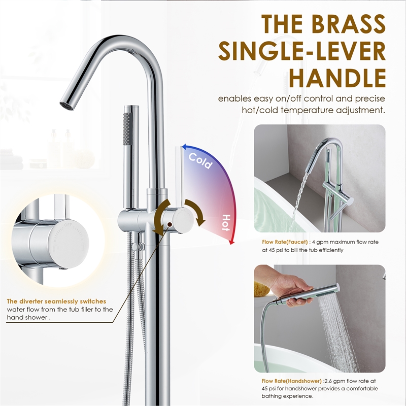 Marina Brass Freestanding Tub Faucet in Polished Chrome with Handshower
