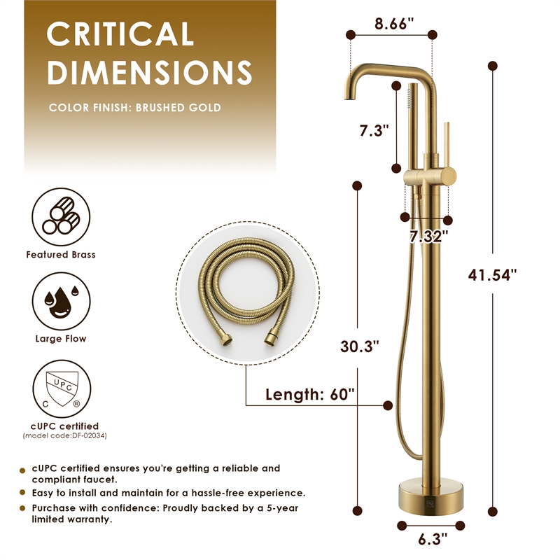 Florin Brass Freestanding Tub Faucet in Brushed Gold with Handshower
