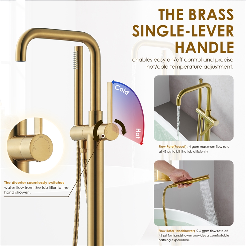 Florin Brass Freestanding Tub Faucet in Brushed Gold with Handshower