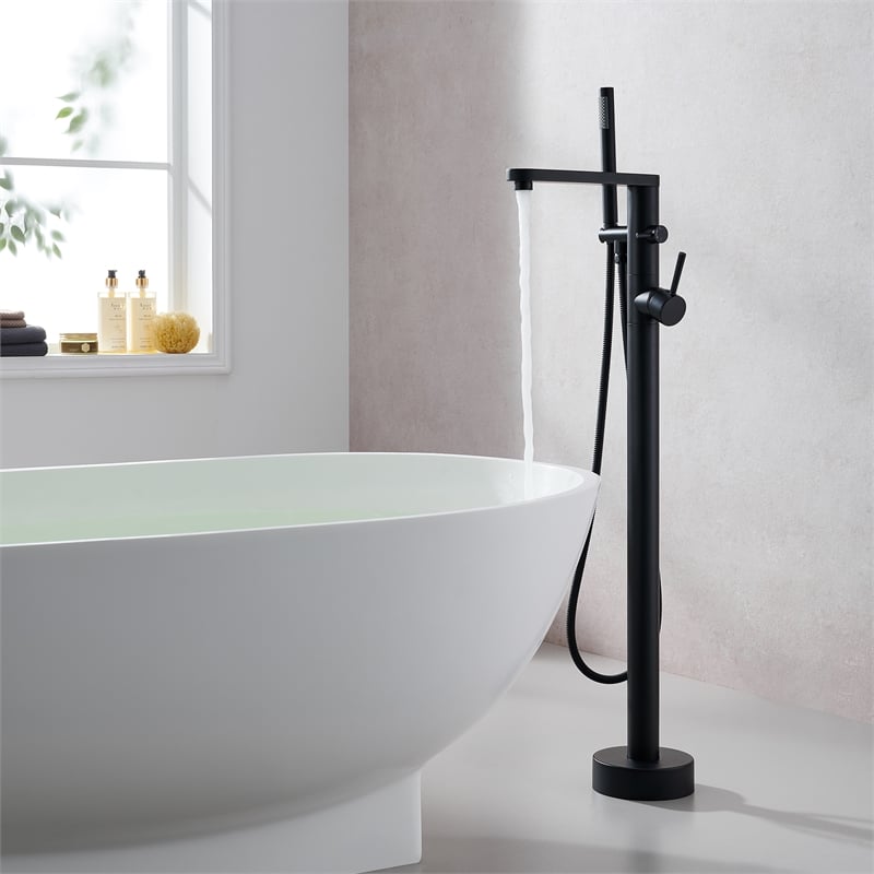 Allario Gleaming Brass Freestanding Tub Faucet in Matte Black with Handshower
