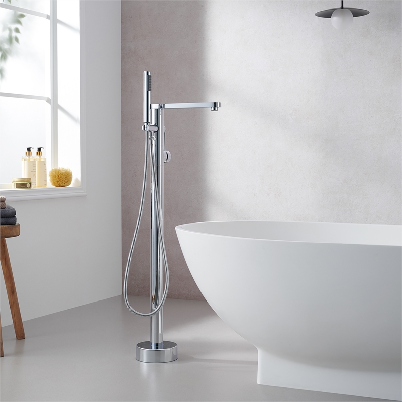 Allario Gleaming Brass Freestanding Tub Faucet in Chrome with Handshower