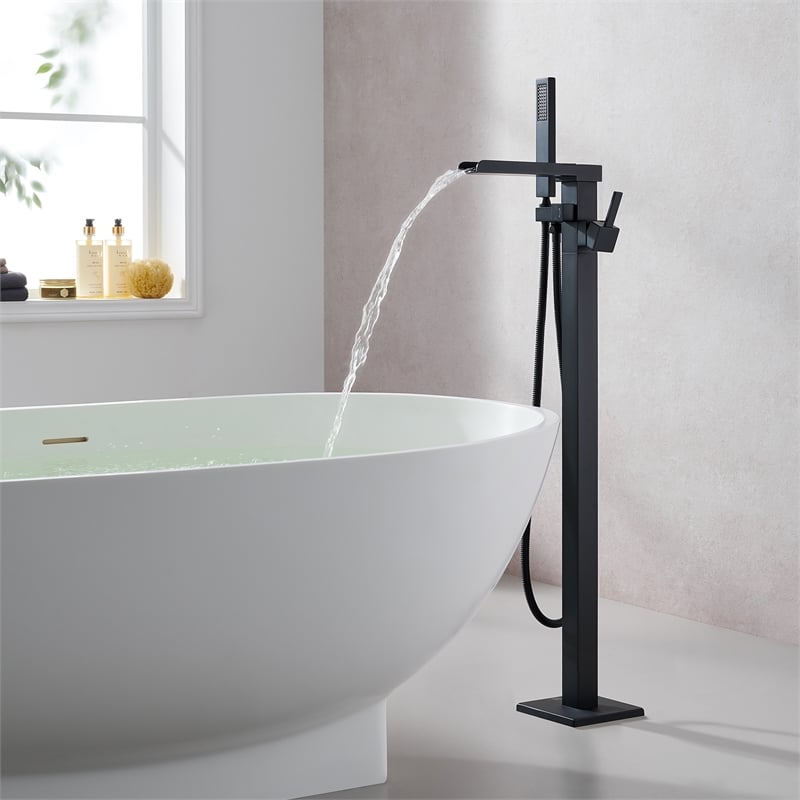 Camino Radiant Brass Freestanding Tub Faucet in Matte Black with Handshower