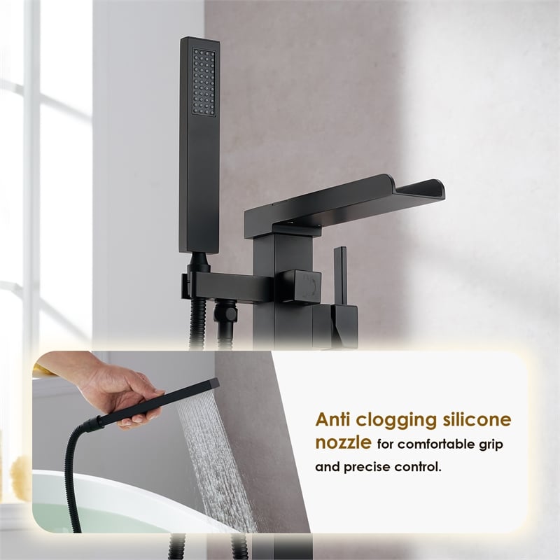 Camino Radiant Brass Freestanding Tub Faucet in Matte Black with Handshower