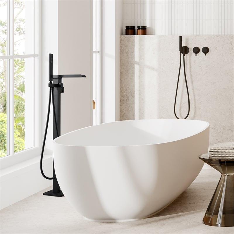 Camino Radiant Brass Freestanding Tub Faucet in Matte Black with Handshower