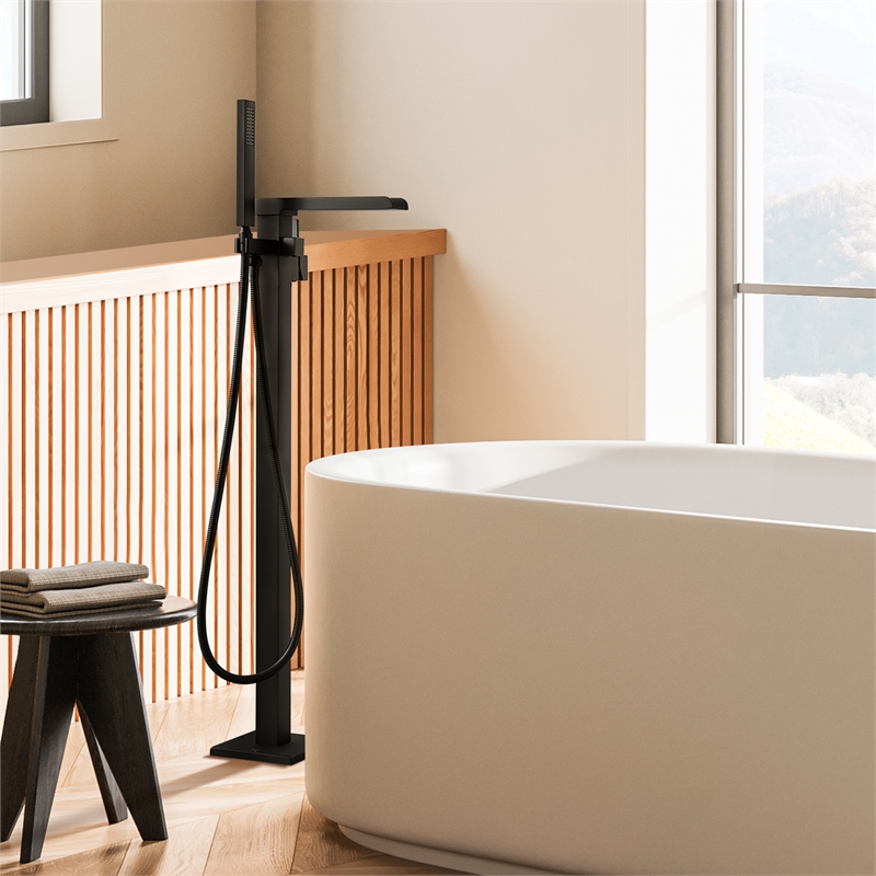 Camino Radiant Brass Freestanding Tub Faucet in Matte Black with Handshower